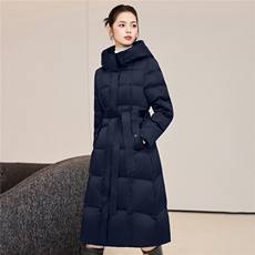 90鸭绒连帽羽绒服女2025冬季新款系带收腰加长款过膝棉袄外套，女装羽绒服，阿舍尔精品