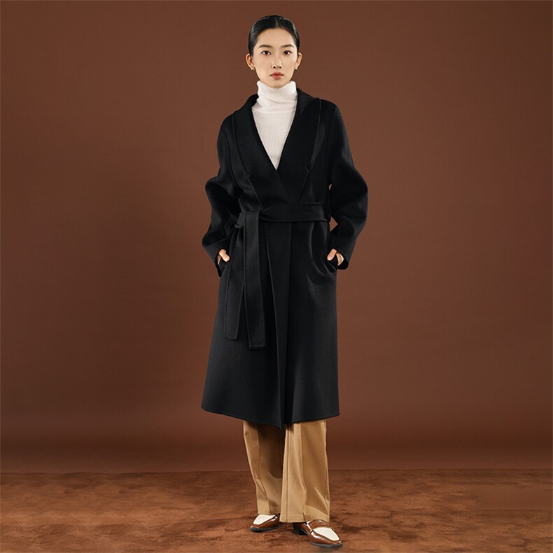 秋冬羊毛双面呢大衣女式中长款过膝系带外套宽松呢上衣，女装双面呢大衣，岳达羊绒