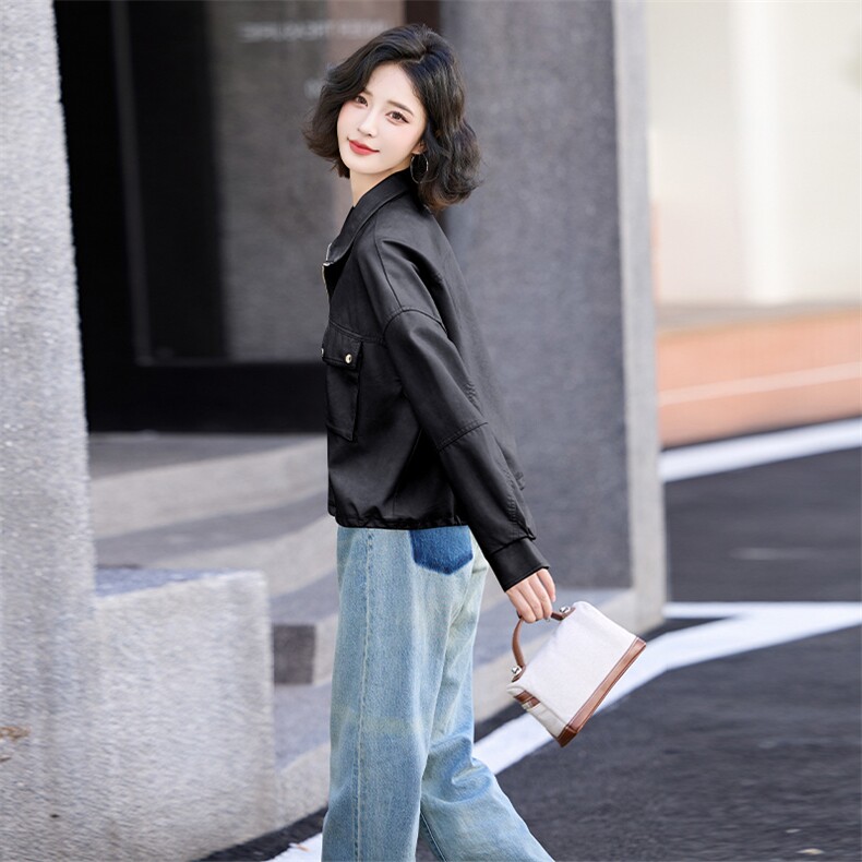 小皮衣外套女春秋2024新款港风小个子短款美式复古休闲PU机车夹克,女装皮衣,江南女神