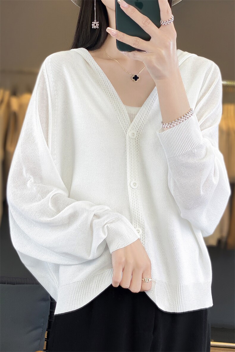 春夏新款连帽针织长袖外套女慵懒风高级气质防晒空调罩衫开衫上衣,针织衫/毛衣,秋虹羊绒
