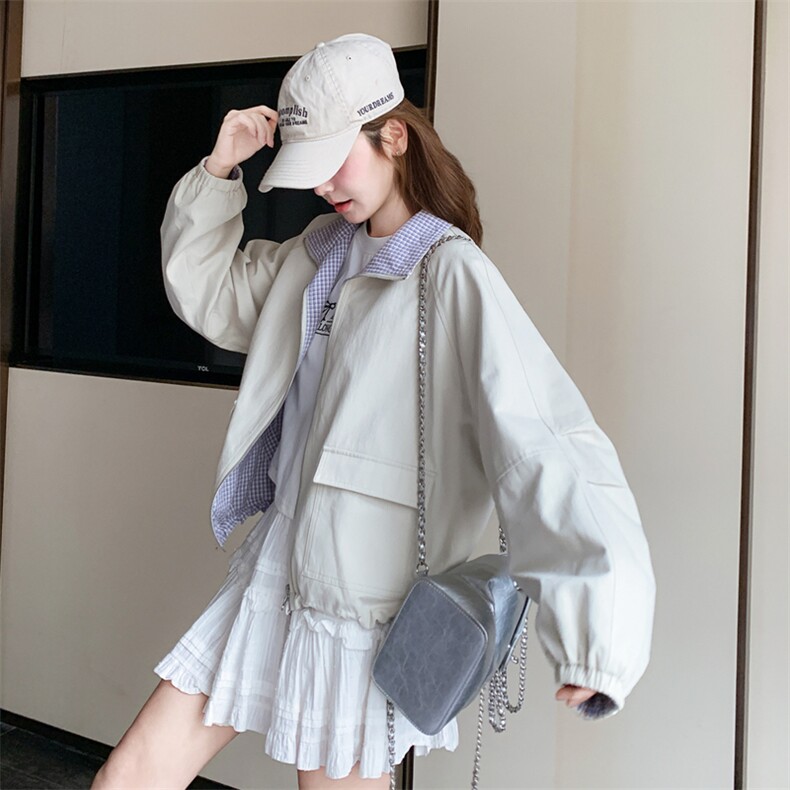 学院风两面穿翻领外套女2025春季新款韩系格子拼接小个子百搭夹克,女装短外套,2C158