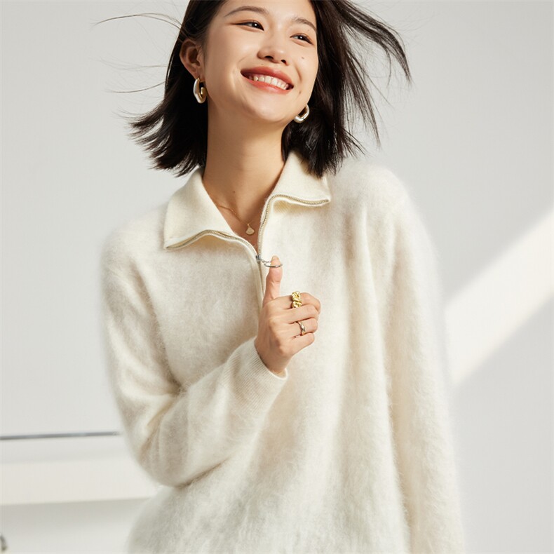 软糯风~长毛拉绒羊绒衫女100纯山羊绒翻领拉链套头针织衫女秋冬，女装羊绒衫，英集羊绒
