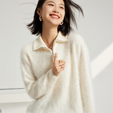 软糯风~长毛拉绒羊绒衫女100纯山羊绒翻领拉链套头针织衫女秋冬，女装羊绒衫，英集羊绒