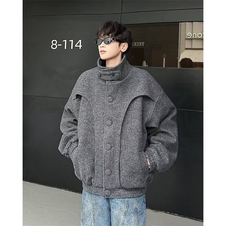 冬韩复古短款毛呢大衣男设计感韩版重磅解构立领外套W6279-P111，男装毛呢大衣，星座412-2