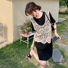2025新款夏季复古蕾丝马甲黑色T恤连衣裙时尚宽松减龄百搭，女装连衣裙，2C262