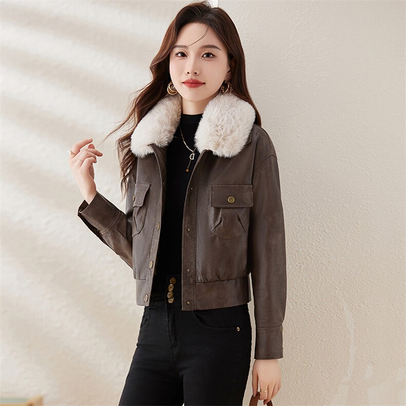 女士加绒皮衣2023冬季新款气质小个子短款复古机车服pu皮夹克外套,女装棉衣/棉服,江南女神
