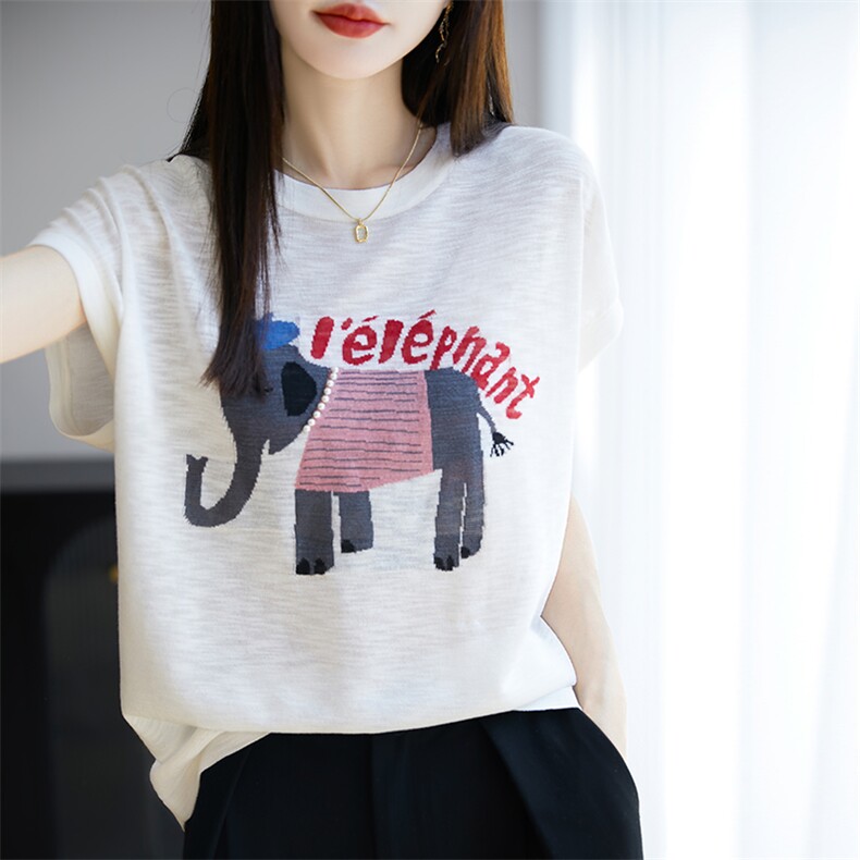 圆领100%竹节棉针织短袖T恤女夏季拼色印花宽松半袖上衣打底百搭,女装T恤,郡淞羊绒