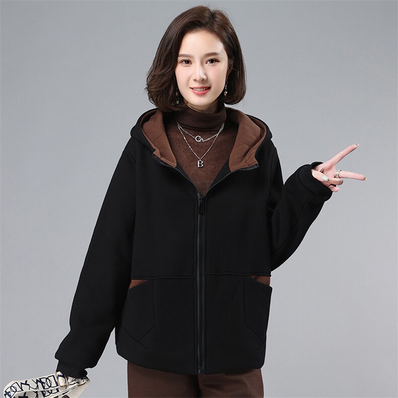 2021年冬季长袖开衫文艺拉链拼接撞色连帽加绒卫衣,女装卫衣/绒衫,叶笙衣