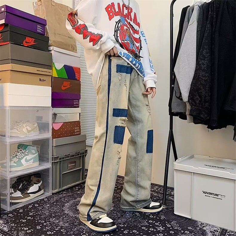 破洞牛仔裤男宽松高街直筒阔腿混色拼接拖地贴布裤子NK522,男装牛仔裤,星座1116A-1（原606A）