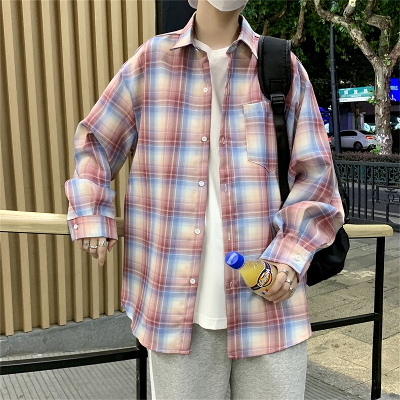 新款日系格子长袖衬衫青年夏季宽松韩版潮ins百搭上衣W1364-P35,男装衬衫,星座512-2