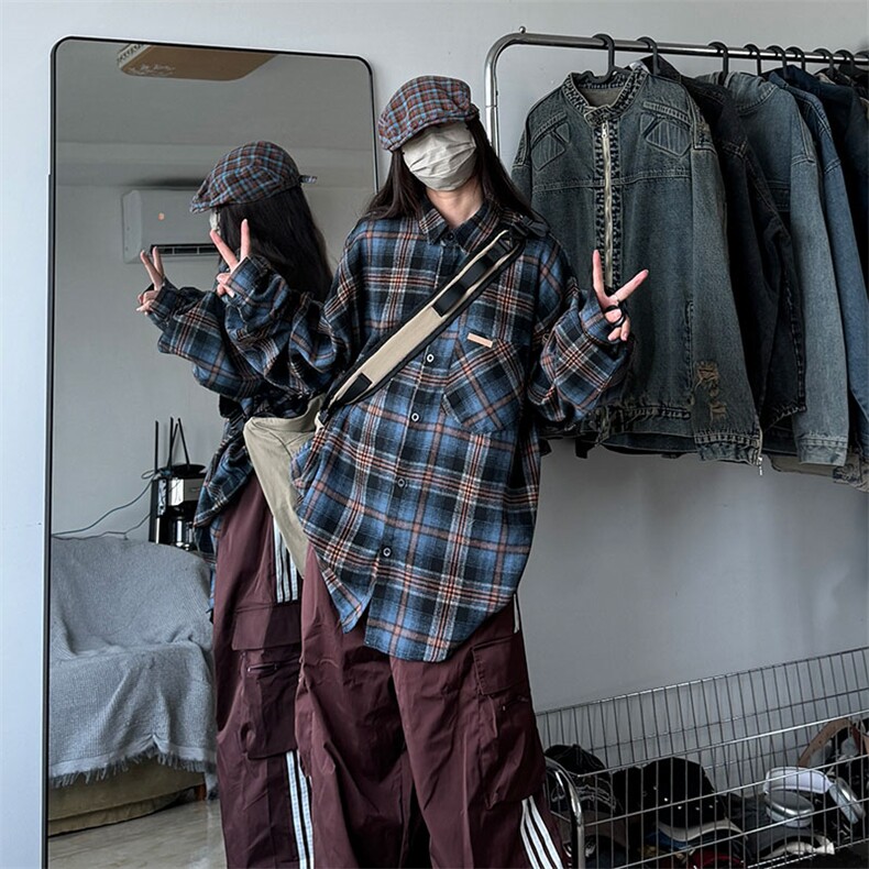 衬衫男秋季新款港风宽松大码磨毛格子长袖衬衣CS618-P35,男装衬衫,星座214-3