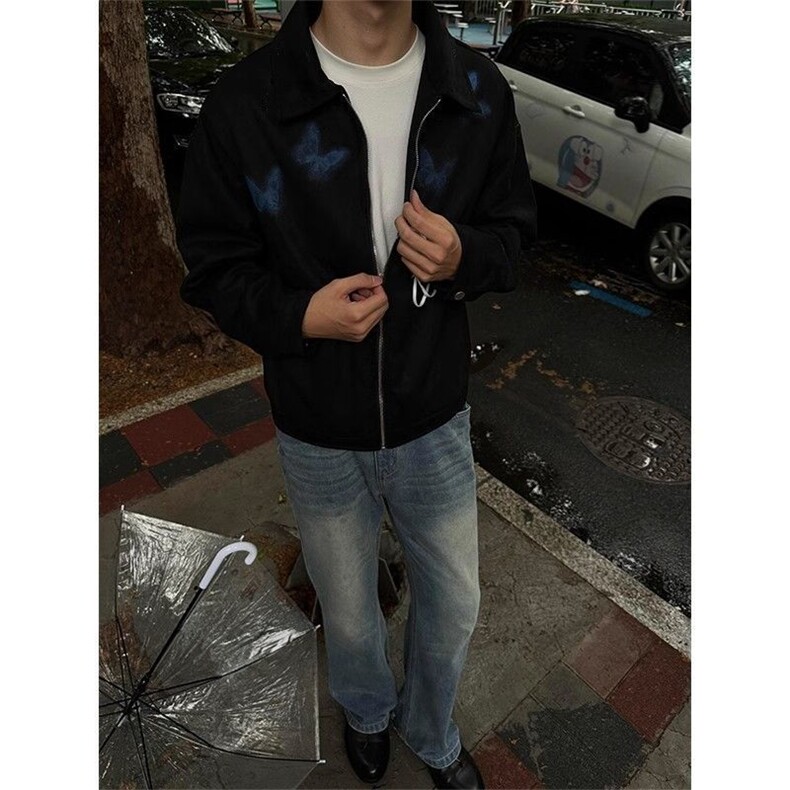 美式暗黑麂皮绒蝴蝶短款外套男款春秋boxy版型设计高级感翻领夹克,男装夹克,四季星座505
