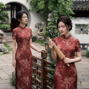 2026年夏季新品时尚气质金丝提花香云纱品质真丝喜庆中长款旗袍裙图片