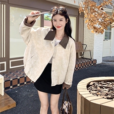 撞色翻领拼接提花外套女2025秋季新款小众设计感气质百搭短款夹克，女装短外套，2C198