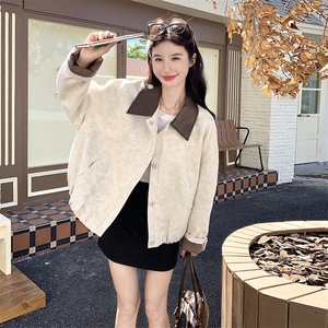 撞色翻领拼接提花外套女2025秋季新款小众设计感气质百搭短款夹克图片