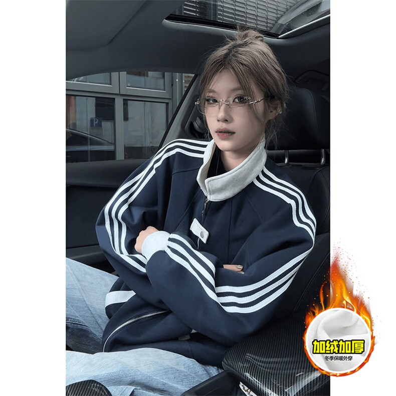 480G重磅加绒硬挺boxy男女秋冬美式高街拼接织带翻领卫衣夹克外套，男装夹克，电商A486-1