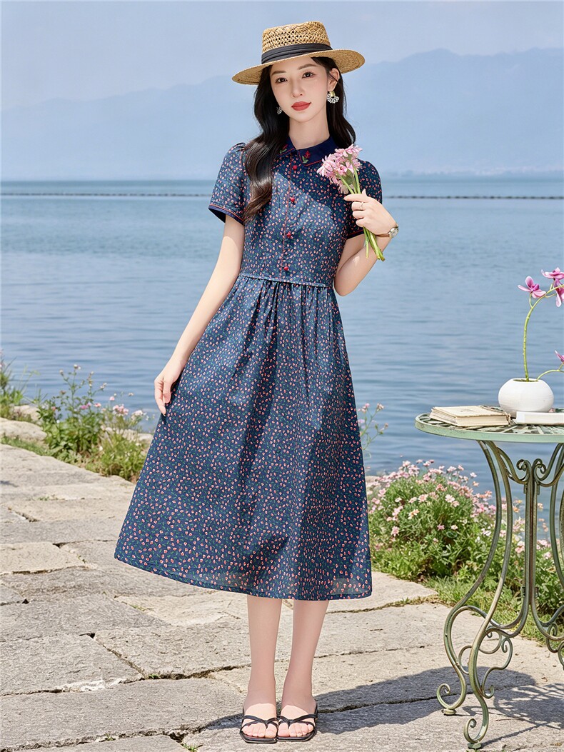 田园风斜领碎花刺绣连衣裙女春夏收腰显瘦中长裙（细节图颜色为）,女装连衣裙,水衣源