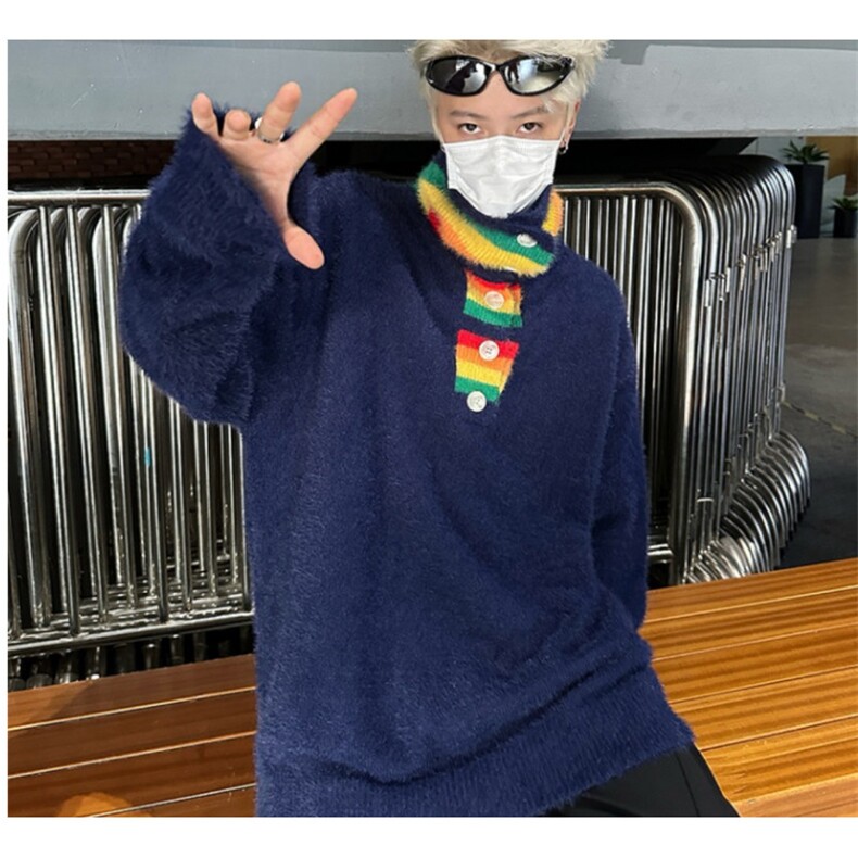 sameuoo散养文化撞色条纹领毛衣女秋冬季设计感彩虹高领情侣上衣,男装针织衫/毛衣,星座601-1