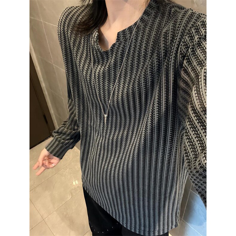 美式高街千鸟格子长袖T恤男女亨利V领英伦雅痞休闲宽松长袖打底衫，男装T恤，电商A486