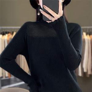 时尚欧根纱拼接针织衫 修身显瘦长袖毛衣 优雅气质女装上衣图片