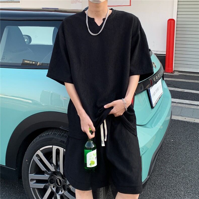 2026夏V领短袖冰丝T恤套装大码男纹理提花半袖 TZ5677/特P45 黑2图片