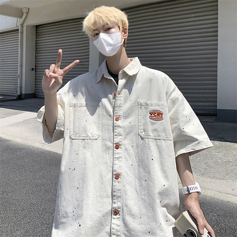 夏季新款牛仔短袖衬衫男外套日系薄款宽松休闲上衣,男装衬衫,星座410-7