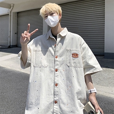 夏季新款牛仔短袖衬衫男外套日系薄款宽松休闲上衣，男装衬衫，星座410-7
