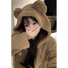 小熊耳朵羊羔毛绒女士短款秋冬季连帽厚外套MH927，女装短外套，星座1116A（原606A-3）