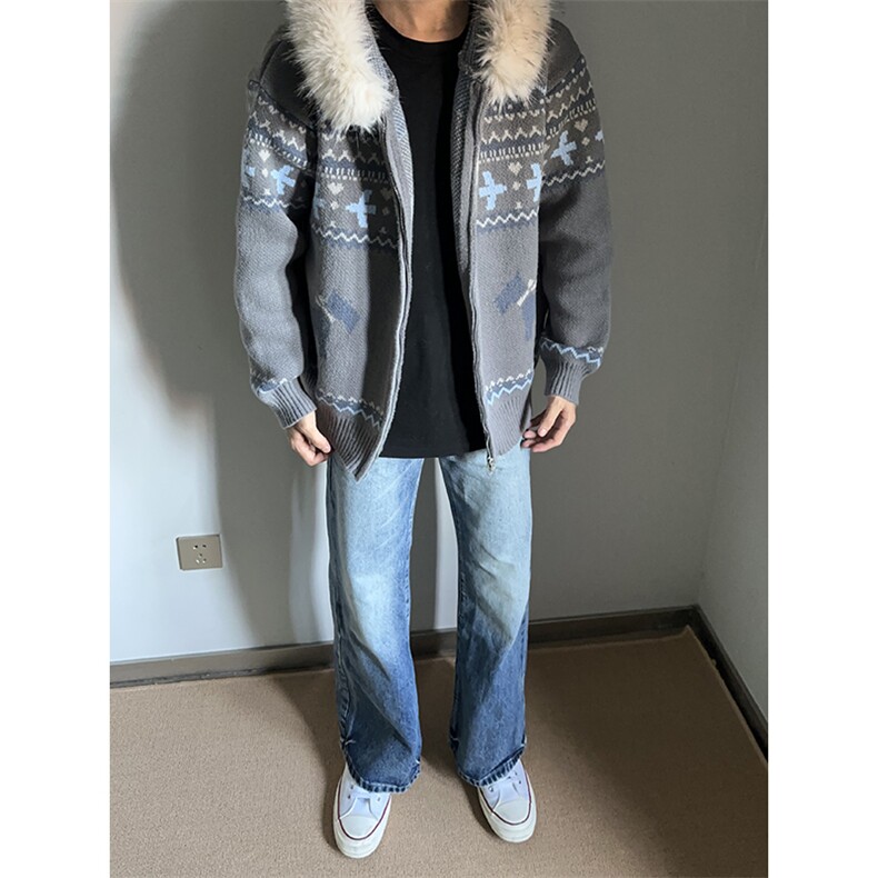 重磅北极绒座山雕毛衣外套冬美式复古休闲慵懒风大毛毛领针织开衫,男装针织衫/毛衣,电商A486-1