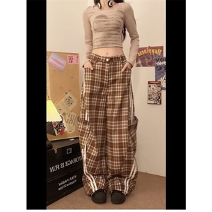 美式复古条纹格子高腰工装休闲裤女秋冬设计感宽松百搭直筒长裤子图片