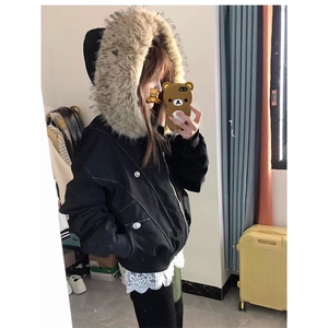 现货重磅boxy短款棉衣座山雕大毛毛领男女棉服水洗工装厚外套图片