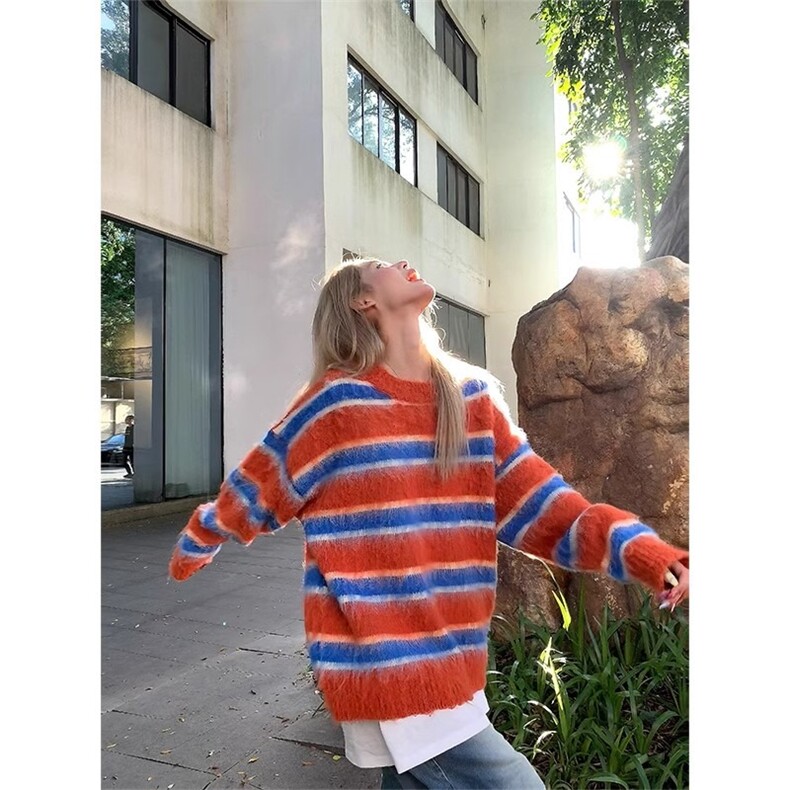 美式多巴胺撞色针织衫男女宽松休闲慵懒风套头毛衣MY125-P59,男装针织衫/毛衣,星座208-5