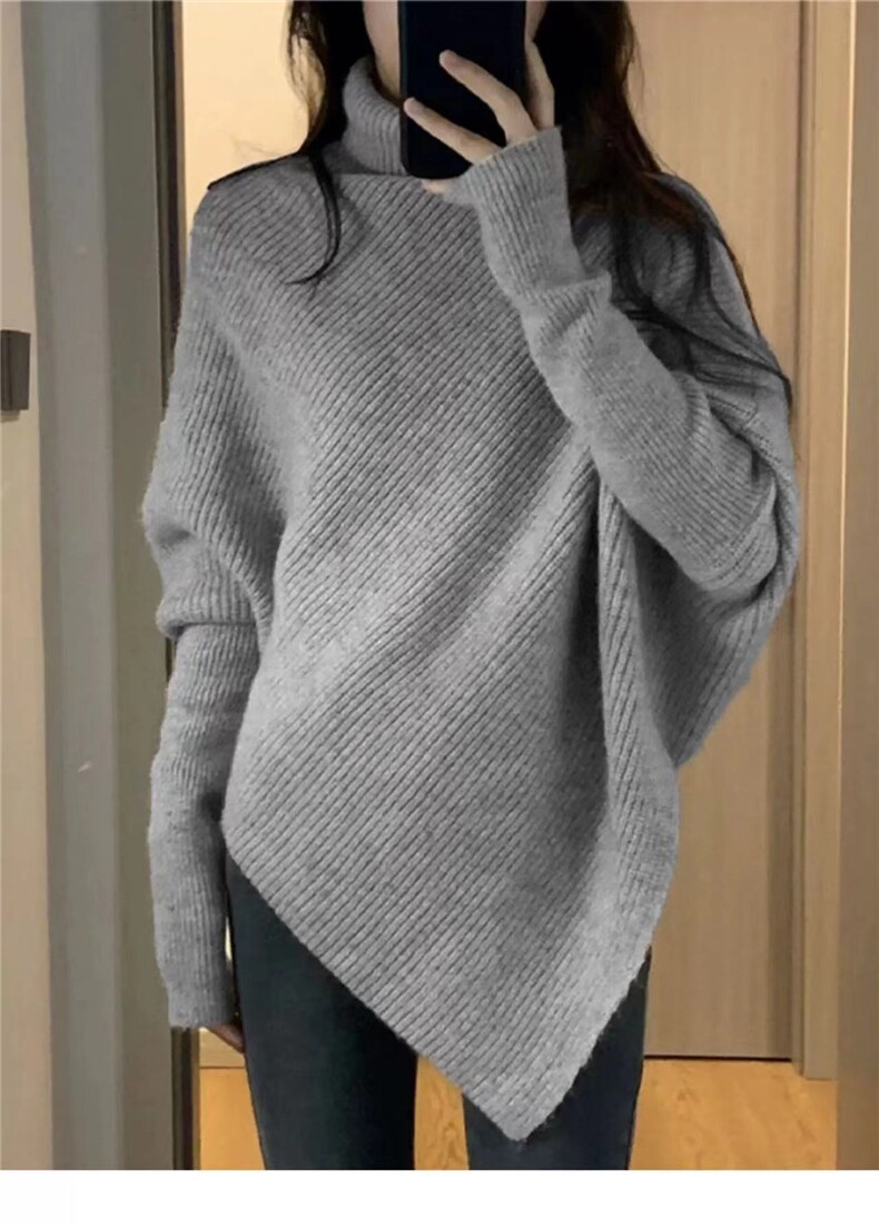 法式蝙蝠袖不规则针织衫女慵懒风早秋季韩系穿搭宽松套头毛衣上衣,针织衫/毛衣,半城羊绒