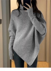 法式蝙蝠袖不规则针织衫女慵懒风早秋季韩系穿搭宽松套头毛衣上衣，女装针织衫/毛衣，半城羊绒