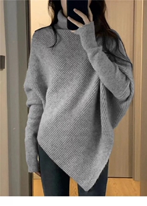 法式蝙蝠袖不规则针织衫女慵懒风早秋季韩系穿搭宽松套头毛衣上衣图片