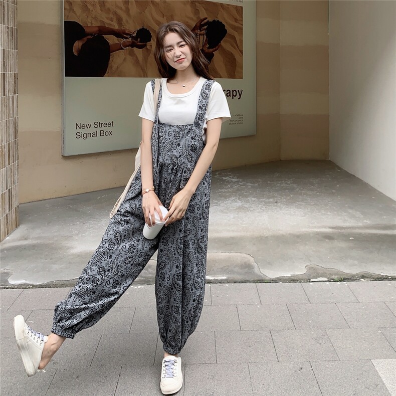 休闲气质灰色印花背带裤女夏2025新款松弛感穿搭连体裤爆款高级感,女装套装/套裙,2C259