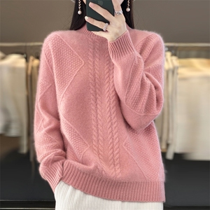 半高领加厚女秋冬款菱形扭花宽松针织毛衣打底羊绒衫图片