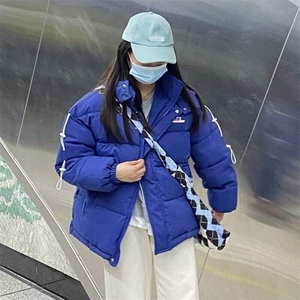 克莱因蓝冬季面包服宽松保暖设计感连帽棉袄中性情侣学院风潮