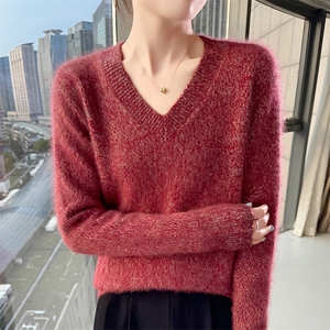 宽松加厚显瘦V领貂绒衫花纱女毛衣2025新款秋冬打底针织羊毛衫图片