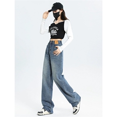 美式复古水洗做旧直筒牛仔裤女2025春季新款宽松垂感阔腿拖地裤潮，男装牛仔裤，星座1210-1