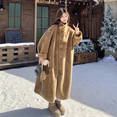 复古美拉德皮毛一体外套女2025冬季新款设计感保暖加厚两面穿大衣，女装毛呢外套，2C113