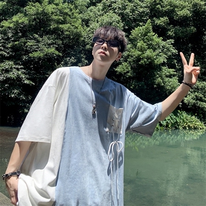 2024新款拼接撞色设计感T恤男夏季不规则百搭短袖 现货T1717-P35图片