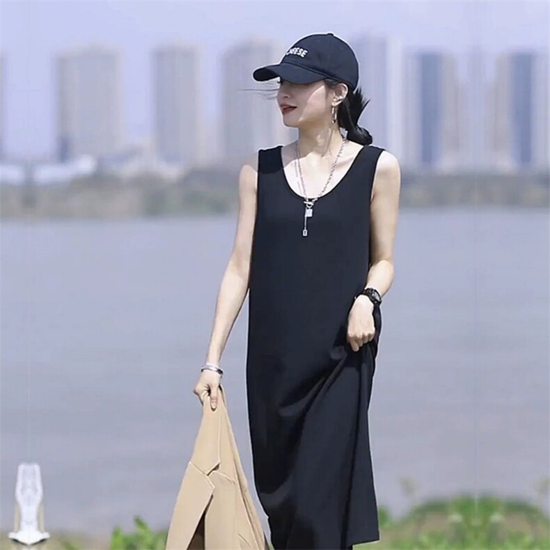 夏季新款女士简约时尚舒适醋酸无袖长裙，女装连衣裙，唯若美羊绒