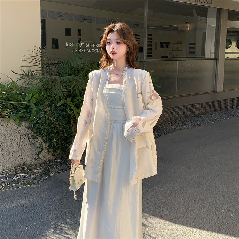 蕾丝花边米白色西装外套女夏2025新款百搭小香风漂亮洋气减龄西服,女装西装,2C273