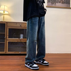 牛仔裤男夏季宽松直筒坠感阔腿裤港风ins休闲百搭破洞裤子810-p40，男装牛仔裤，星座1008
