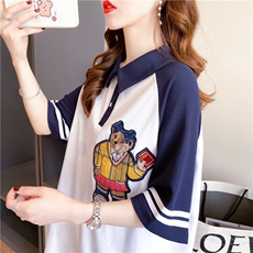 K4370夏装韩版宽松珠地布POLO领印花上衣中长款大码短袖T恤女P45，女装衬衫，星座309B-2