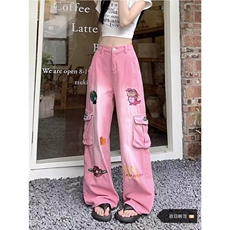 美式vibe复古卡通刺绣粉色工装牛仔裤女高街设计感宽松直筒阔腿裤，男装牛仔裤，星座506A