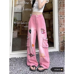 美式vibe复古卡通刺绣粉色工装牛仔裤女高街设计感宽松直筒阔腿裤图片