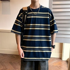 Q032条纹圆领纯棉短袖上衣男款韩版小众设计休闲宽松百搭半袖t恤，男装T恤，星座308A-1（原309B-1）