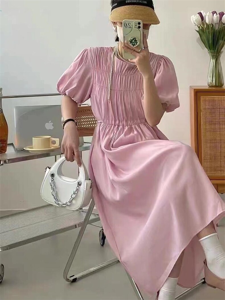 【DAVIDA】韩系圆领泡泡袖收腰连衣裙，女装连衣裙，DAVIDA